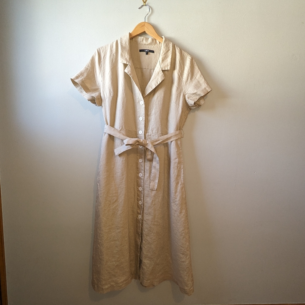 Quince Driftwood 100% Linen Button Front Midi Dress | Size Large